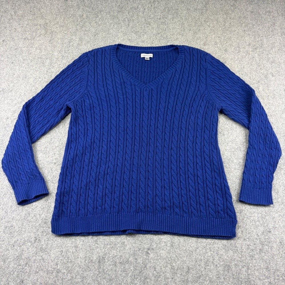 Croft & Barrow Womens XL Royal Blue Cable Knit V-Neck 100% Cotton Sweater